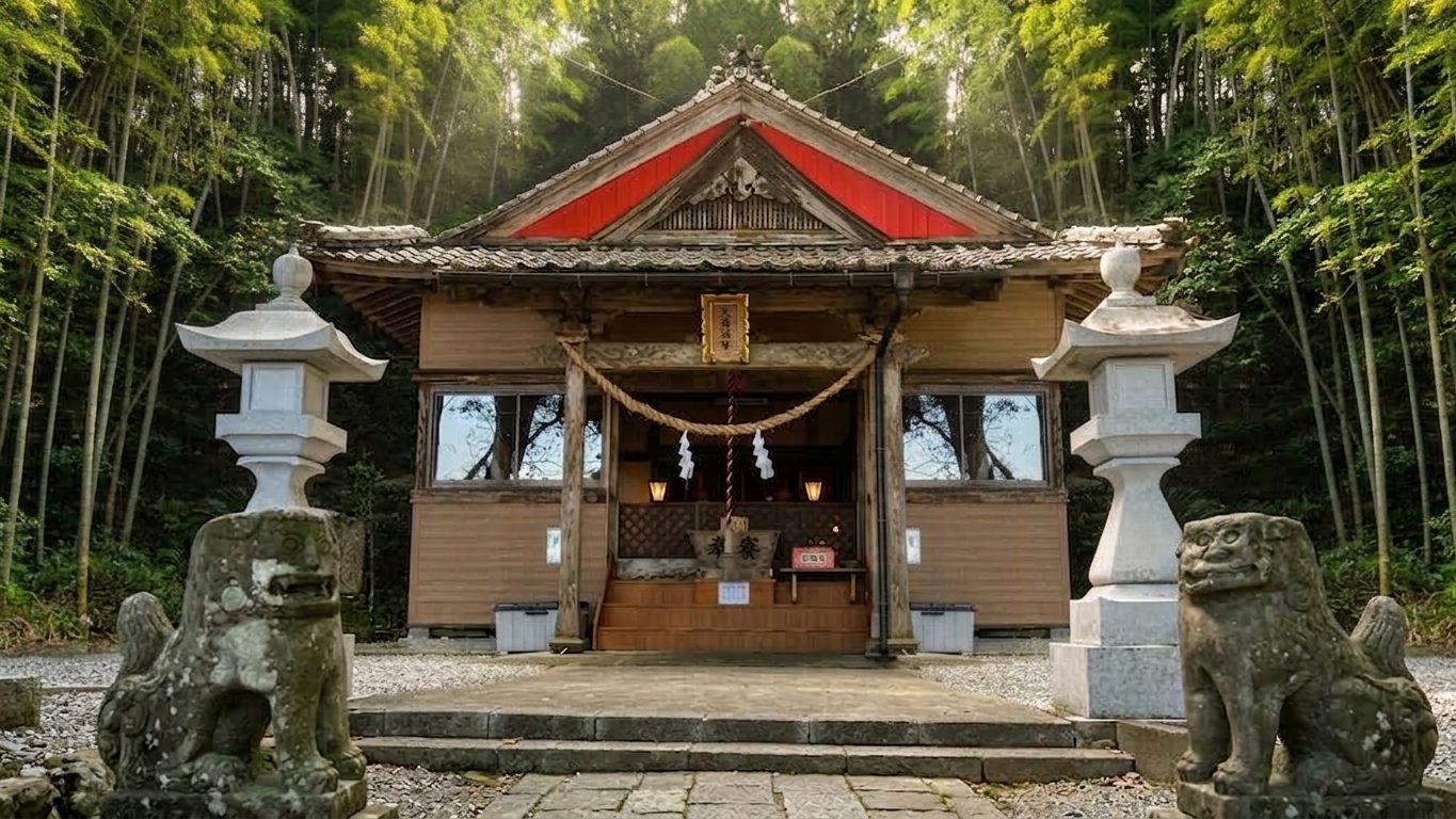 緑豊かな竹林と鎮守の杜に包まれた新名爪八幡宮の拝殿。静寂の中で心穏やかにお参りいただけます。